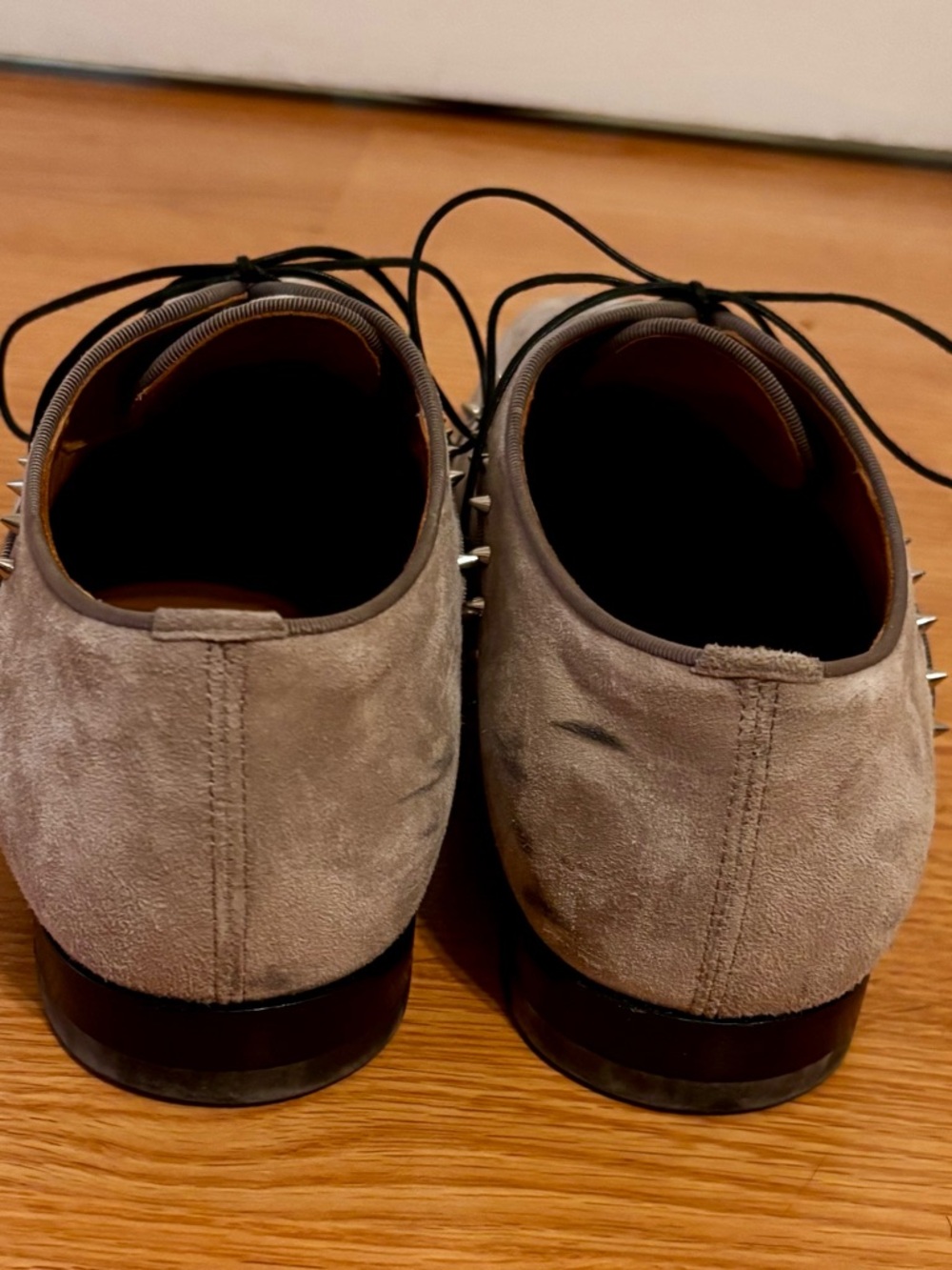 Christian Louboutin Gray Suede Studded Lace-Up Oxfords - Picture 5 of 10